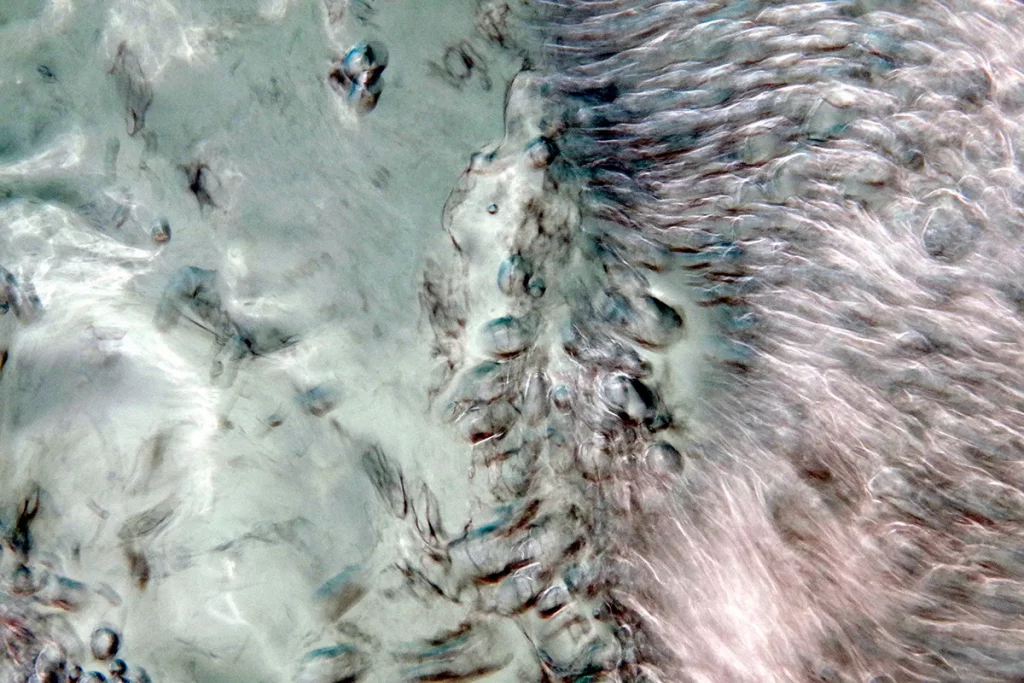 Wirbelnde Schwärme von türkis- und rosafarbenes Wasser